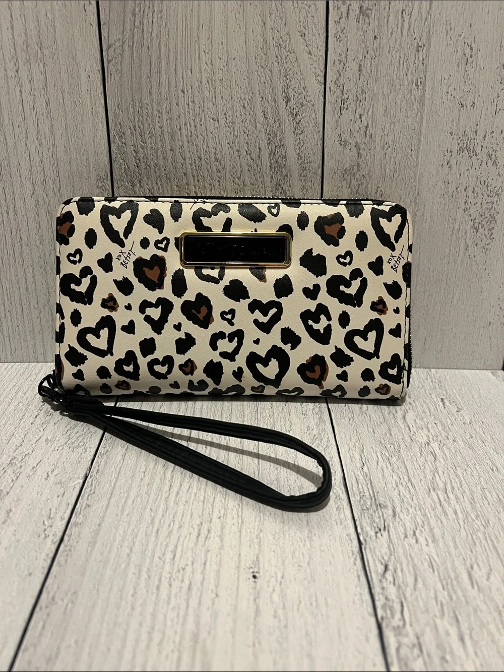 Betsey Johnson Cream Black and Brown Heart Leopard Wristlet